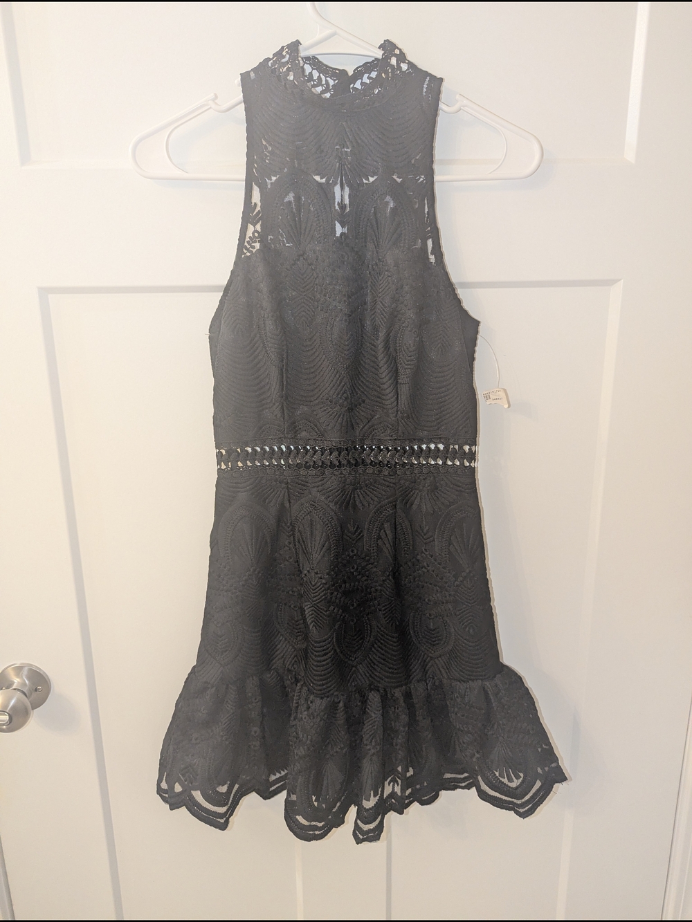 Angel Biba Black Lace Halter Mini Dress with Ruffle Hem Detail